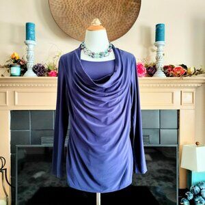 Coldwater Creek Drape Front Knit Top L 14 Navy Long Slv Lined Front Side Ruching